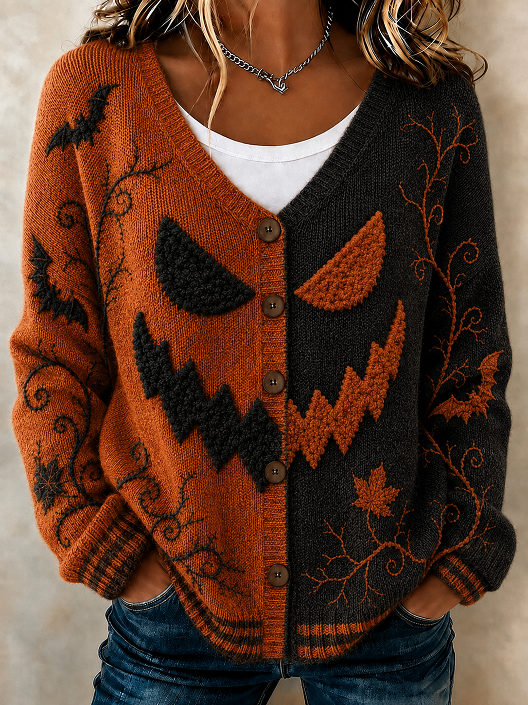 Women's Retro Halloween Smiley Face Print Casual Knit Cardigan
