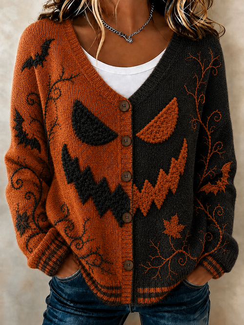 Women's Retro Halloween Smiley Face Print Casual Knit Cardigan