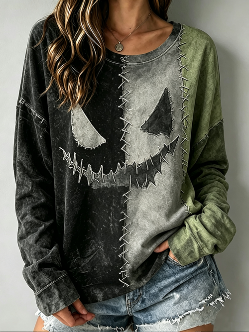 Women'S October Pumpkin Ghost Face Long Sleeve T-Shirt