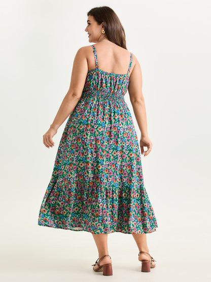 Floral Print Shirred Waist Flowy Midi Dress