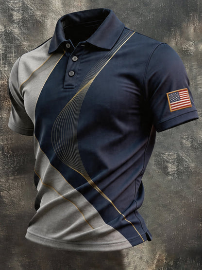 Men's Retro Patriotic Color-Block Short-Sleeve Polo Shirt