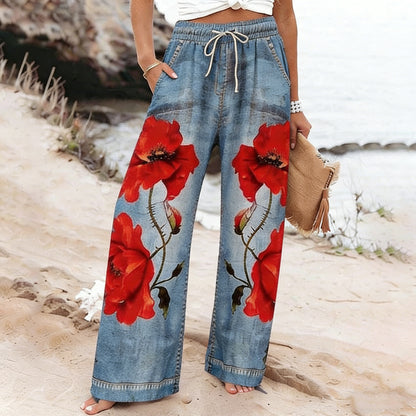Women's Memorial Day Poppy Print Casual Wide-Leg Pants