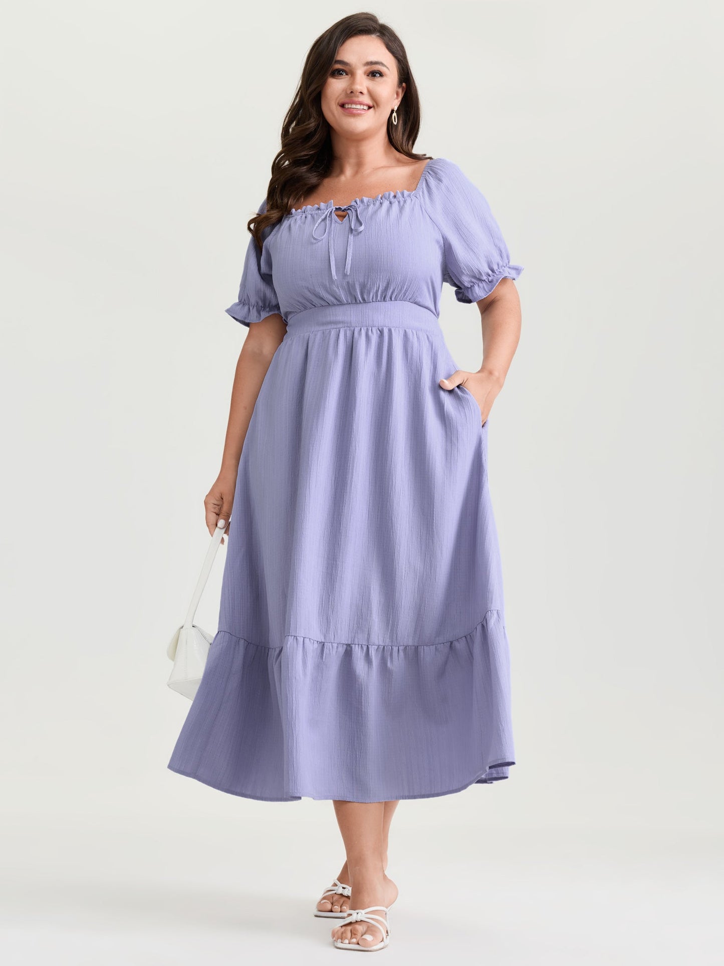 Textured Cinched-Waist Drawstring Flowy Maxi Dress