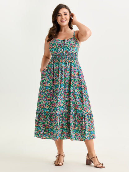 Floral Print Shirred Waist Flowy Midi Dress