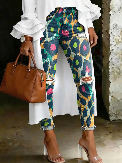 Women's Fashion Color-blocked Graffiti Leopard Print Artistic Print Casual Skinny Ripped Jeans