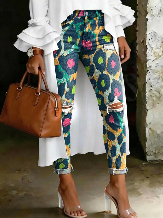 Women's Fashion Color-blocked Graffiti Leopard Print Artistic Print Casual Skinny Ripped Jeans