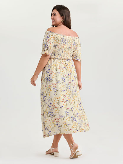 Vanilla Print Shirred Off-Shoulder Midi Dress