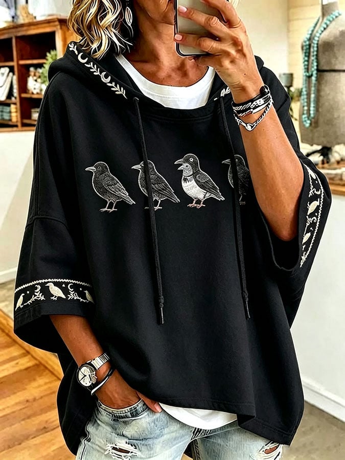 Women's Halloween Crow Print Hooded Sweatshirt