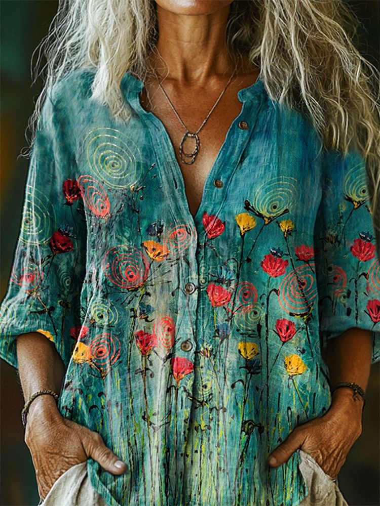 Floral Art Print Cotton Crew Neck T-Shirt