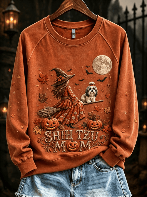 Women's Halloween Fall Shih Tzu Mom Witch & Dog Print raglan sleeve sweatshirt