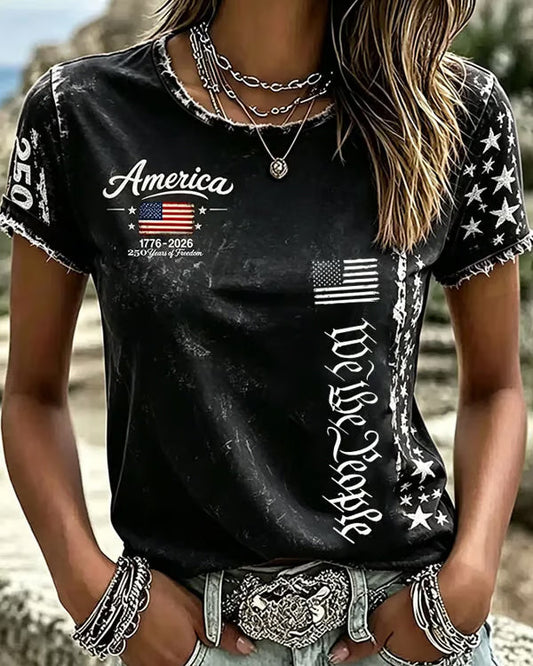 Retro Flag Graffiti Letters Print Crew Neck Short Sleeve Tshirt