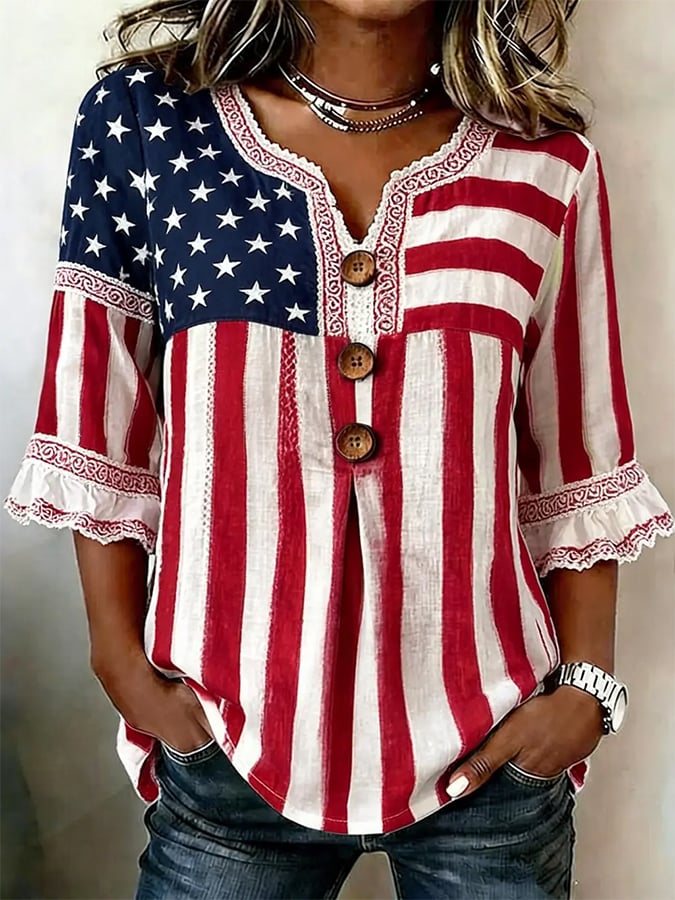 Women's Casual Retro Print Button-Up Shirt