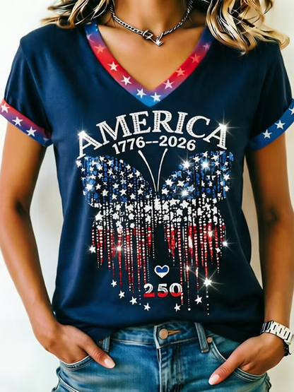 Women'S America Flag Print Casual V-Neck T-Shirt