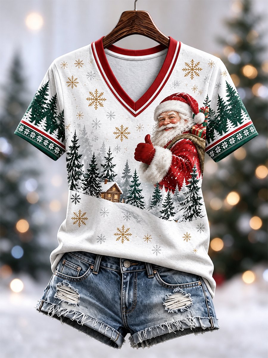 Women's Casual Christmas V-Neck Short-Sleeve T-Shirt