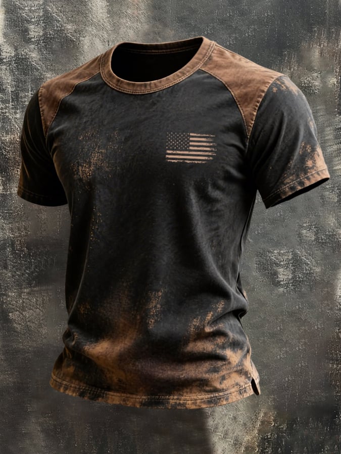 Men's Retro-Print, Color-Block "Patriot" Casual Short-Sleeve T-Shirt