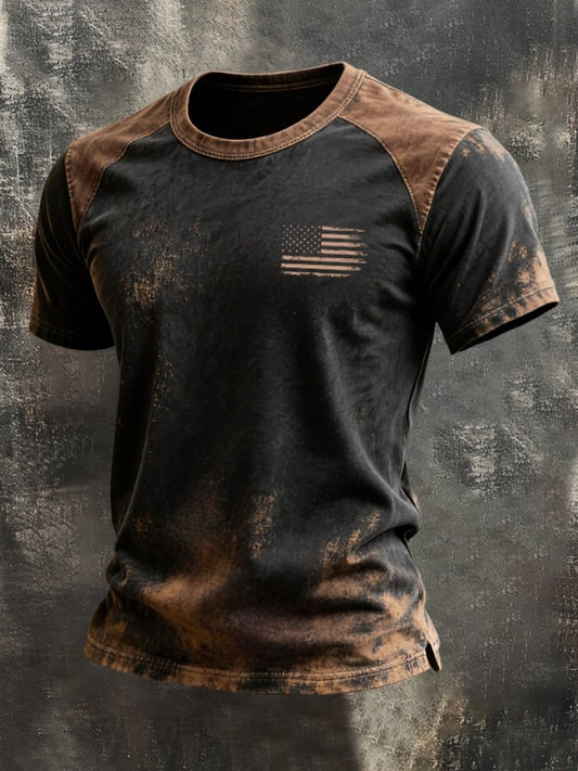 Men's Retro-Print, Color-Block "Patriot" Casual Short-Sleeve T-Shirt