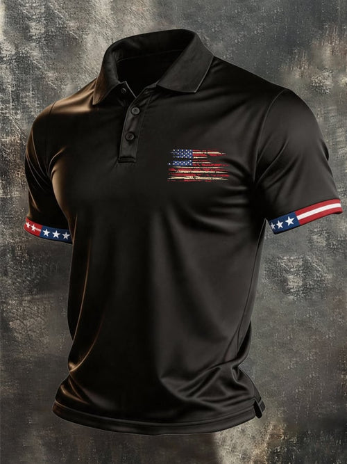 Men's Retro Patriotic Color-Block Short-Sleeve Polo Shirt