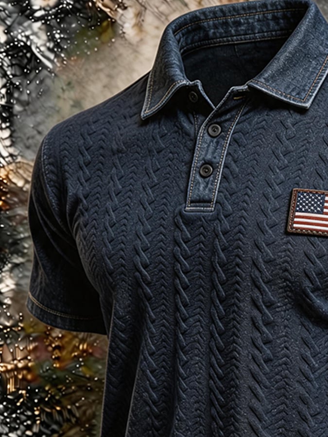Men's Textured Quilted Denim Polo Shirt, American Flag Patch Slim Fit Casual Western Short Sleeve Top