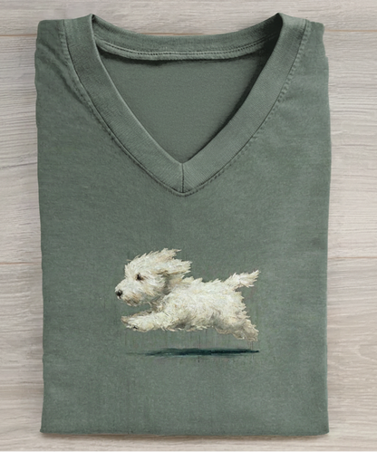 Funny Retro Cute Running White Dog Art Print V-neck Casual T-shirt