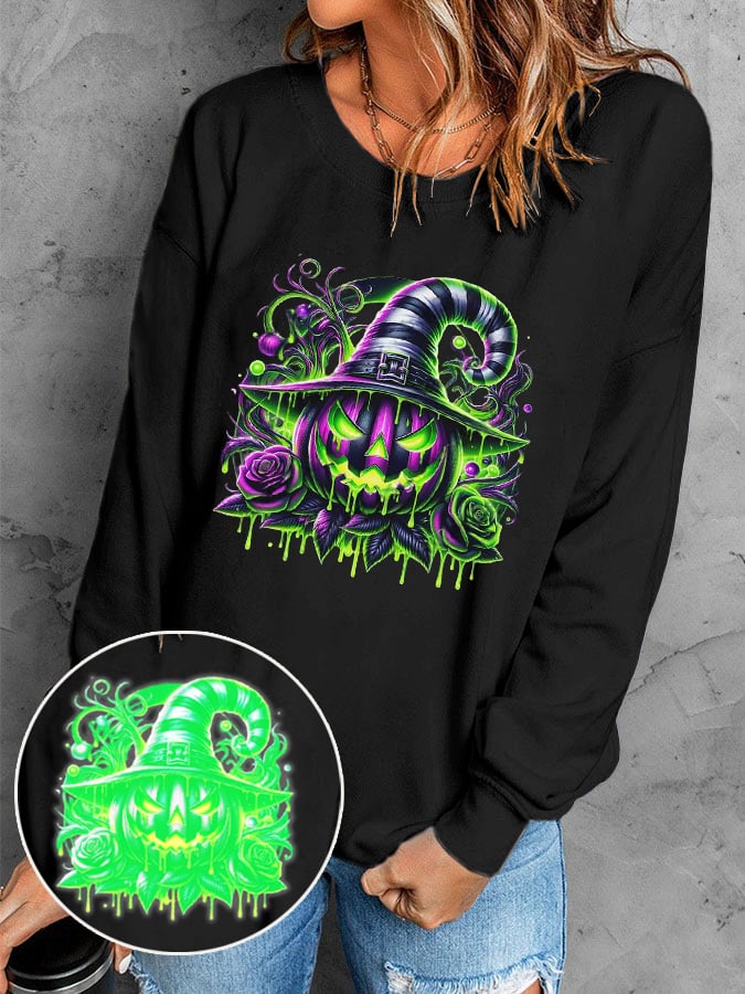 Women's Halloween Pumpkin Face Luminous Printed Casual Sweatshirt