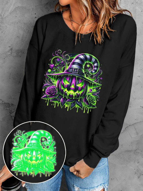 Women's Halloween Pumpkin Face Luminous Printed Casual Sweatshirt