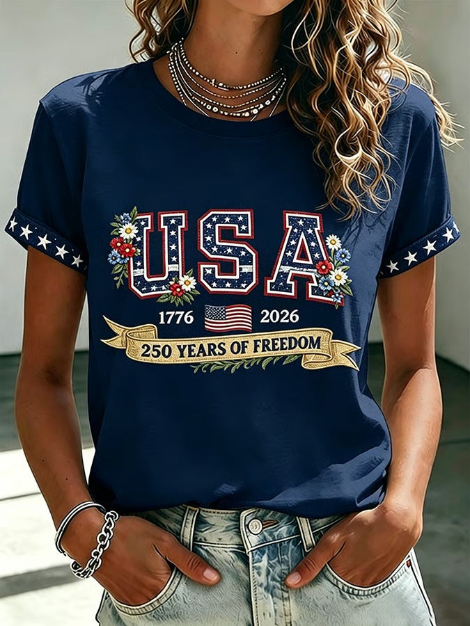 Women's 250 Years Of Freedom Flower Art Print T-shirt