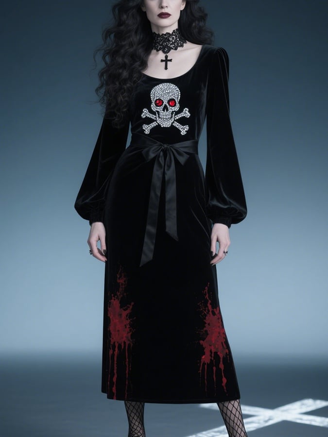 Women's Gothic Dark Skull Bloodstain Print Dress