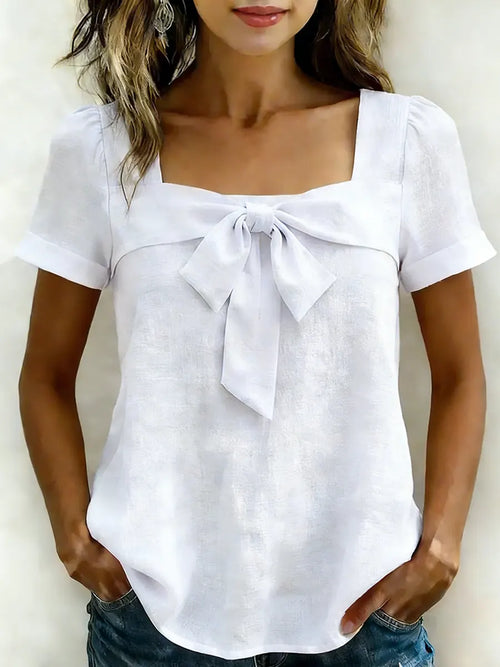 Women's Casual Bow Short Sleeves Cotton Shirt