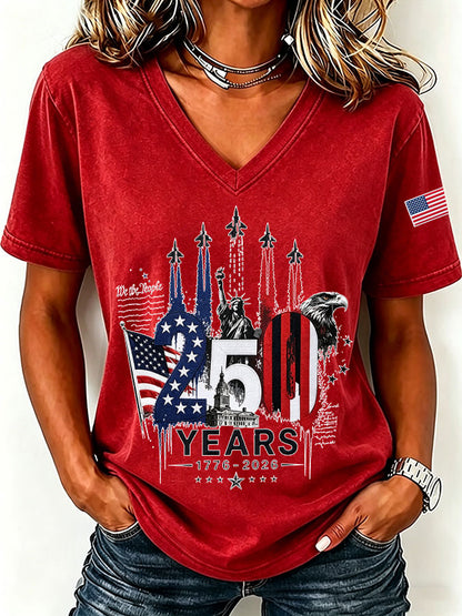 250Th Anniversary American Embroidery Commemorative V-Neck Short Sleeved T-Shirt
