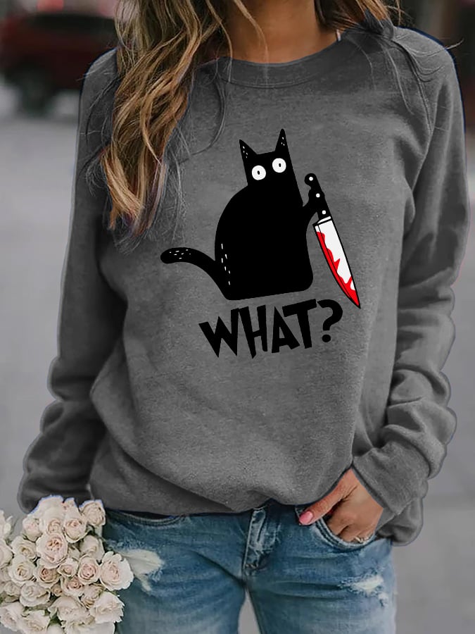 Women's Halloween Black Cat Print Casual Sweatshirt