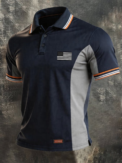 Men's Retro Patriotic Color-Block Short-Sleeve Polo Shirt