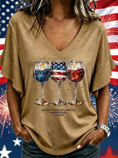 Women Wine Glass Celebration Print Short Sleeve Tee T-shirt V Neck Casual Summer Top