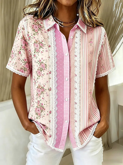 Women'S Casual Floral Short Sleeved Button Up Shirt