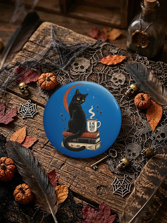 Unisex Retro Halloween Is He Dead Yet Black Cat Pin-Back Button