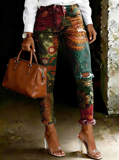 Women's Retro Tropical Jungle Art Print Ripped Skinny Jeans