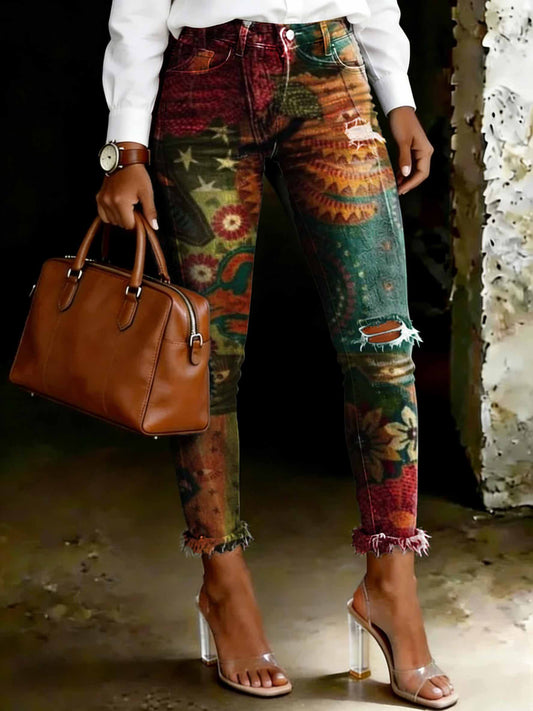 Women's Retro Tropical Jungle Art Print Ripped Skinny Jeans