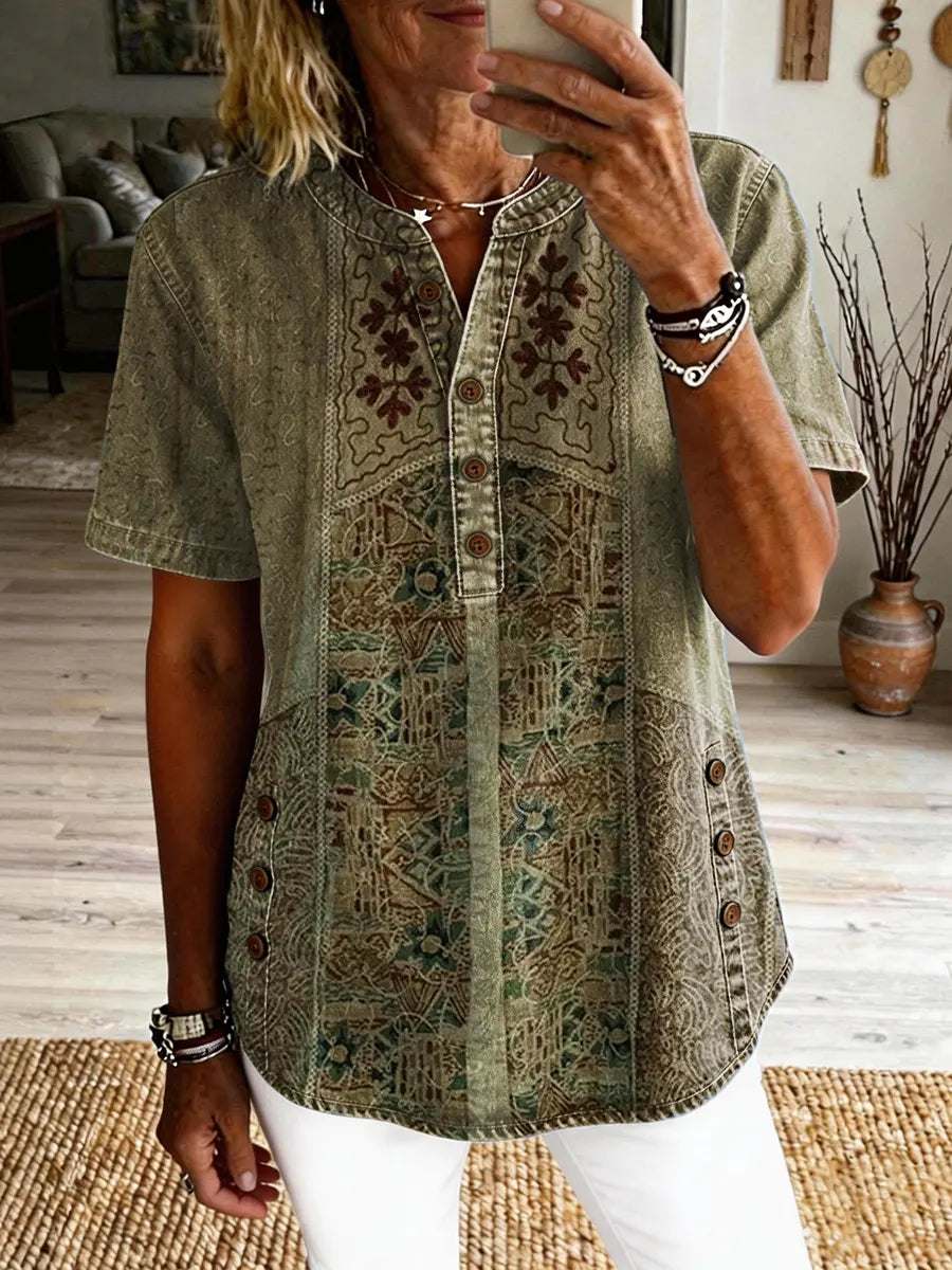 Women's Vintage Ethnic Pattern Art Print Casual Short-sleeve Washed Cotton Denim Shirt