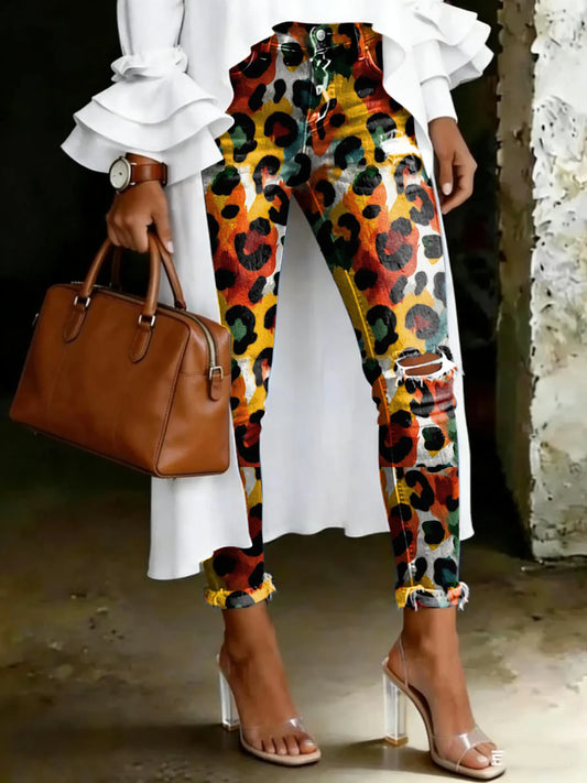 Women's Vintage Multicolor Leopard Print Casual High-waisted Ripped Skinny Jeans