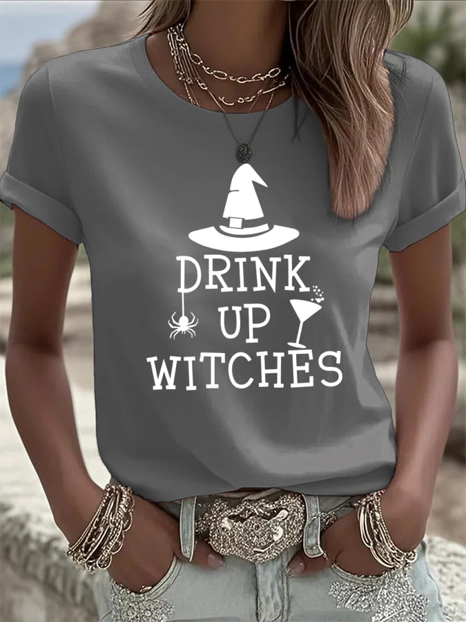 🔥HOT SALE🔥Women's Drink Up Witches Print Casual T-shirt