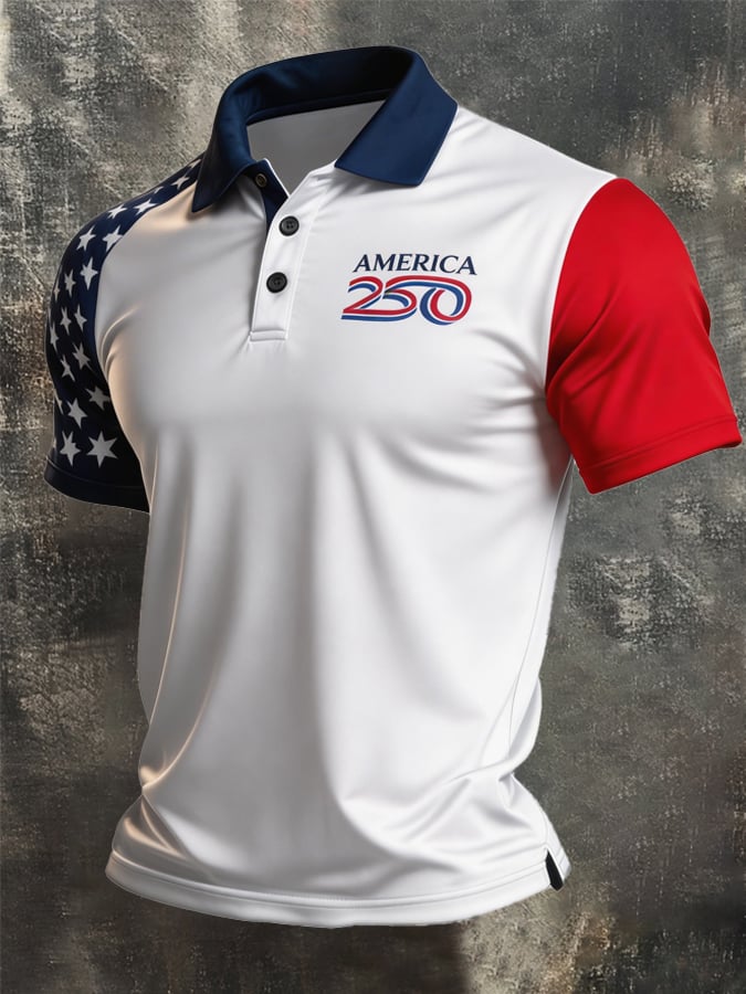 Men's Retro Patriotic Color-Block Short-Sleeve Polo Shirt