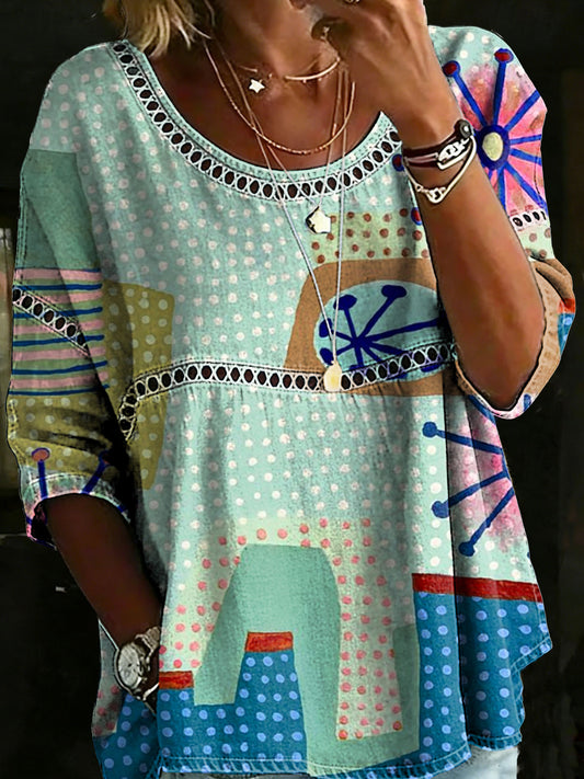 Women's Vintage Abstrct Casual Loose Denim Blouse Shirt