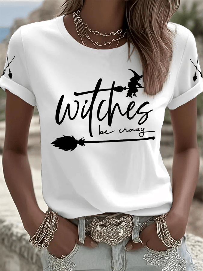 🔥HOT SALE🔥Women's Halloween Witch Be Crazy Print Crew Neck T-Shirt