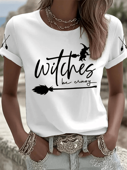 🔥HOT SALE🔥Women's Halloween Witch Be Crazy Print Crew Neck T-Shirt