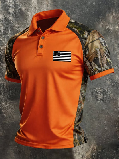 Men's Retro Patriotic Color-Block Short-Sleeve Polo Shirt