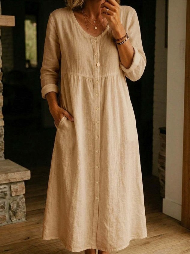 Cotton And Linen Vintage Loose Dress With No