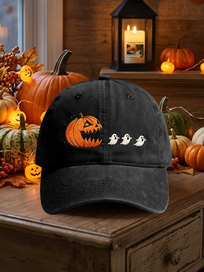 Retro Halloween Pumpkin Eat Ghost Print Baseball Cap