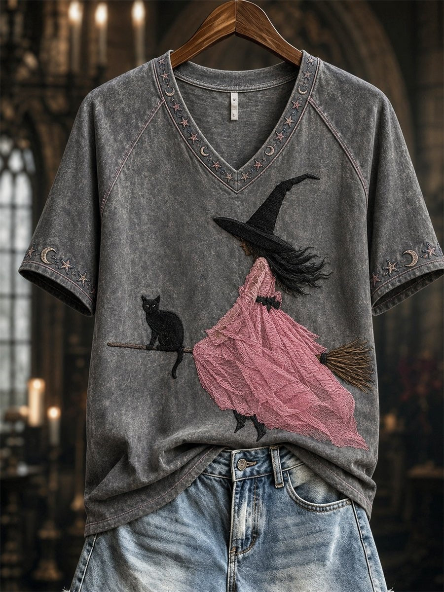 Women's Pink Witch-Themed Print Casual T-Shirt