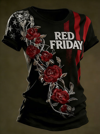 Women's Casual Red Friday Print Short-Sleeve T-Shirt