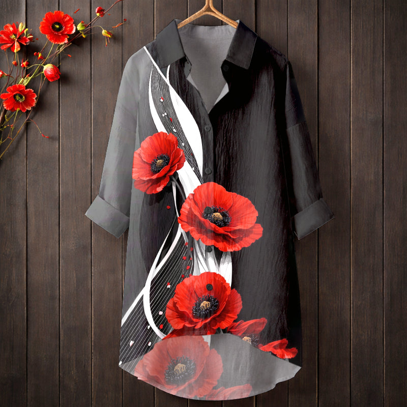 Women's Memorial Day Poppy Art Printed Casual Longline Shirt