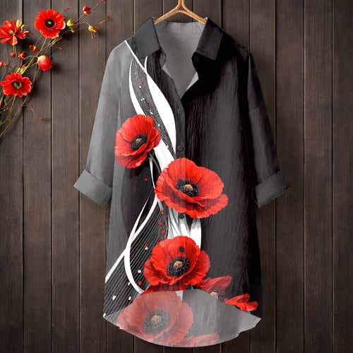 Women's Memorial Day Poppy Art Printed Casual Longline Shirt